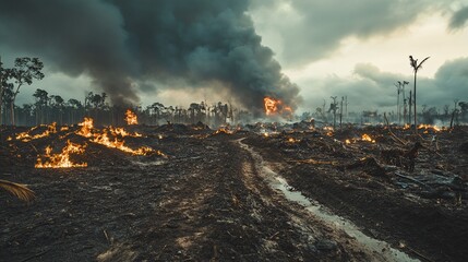 Naklejka premium Extensive wildfires ravage a deforested landscape.