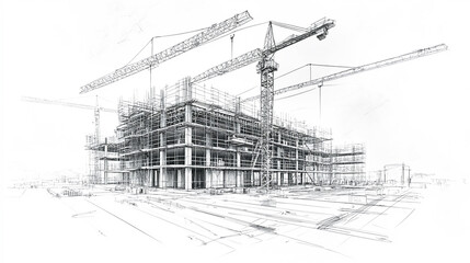A hand drawn sketch of a construction site is illustrated in vector format