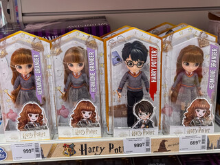 Fototapeta premium Harry Potter and Hermione Granger Dolls in Wizarding World Packaging on Store Shelf, Dnipro, Ukraine - June 20, 2025