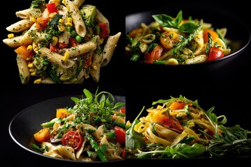 Various fresh pasta dishes with vegetables and herbs, presented in black bowls