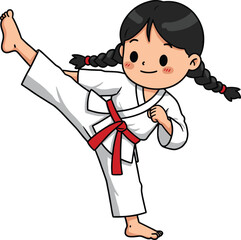 Dynamic cartoon girl practicing martial arts, demonstrating a powerful high kick in a white gi with red belt, symbolizing discipline, strength, self-defense, and confidence in children's sports.
