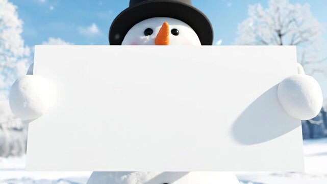 Happy snowman holding blank white sign in snowy winter forest. Christmas and holiday message concept for banner with copy space. Horizontal banner