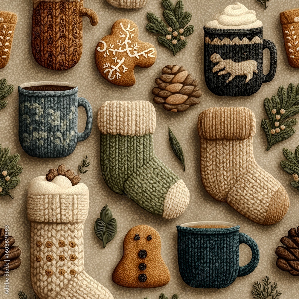 Poster a pattern of knitted socks and mugs with a christmas theme. the socks are in various colors and size