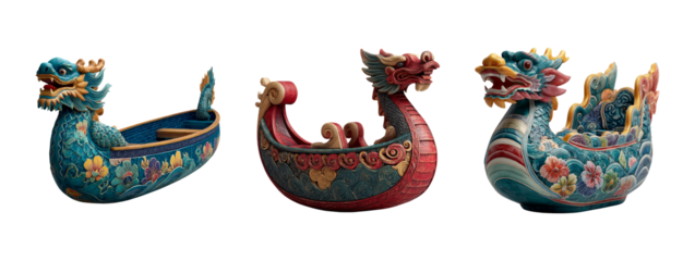 Colorful Dragon Boat Models Set on Transparent Background