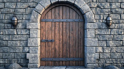 A large wooden door swings open within the rock castle wall