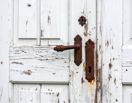 Aged white wooden door with rusty hardware (1)