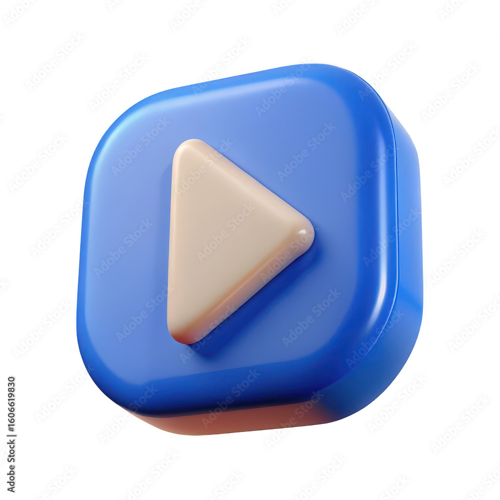 Poster stylized 3d blue square button with a cream colored play symbol isolated on transparent background