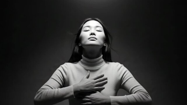 Serene young Asian woman embracing inner peace and self care with hands on her chest