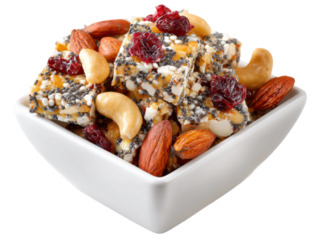 Healthy snack mix recipe home kitchen food photography bright light. Isolated on transparent background, png.