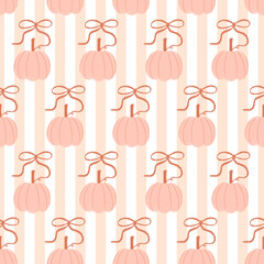 pumpkins with coquette bows seamless pattern in pastel colors. striped background. cozy fall themed illustration. For Prints, Wrapping Paper, Wallpaper, Textiles, Stationery, and Fabric