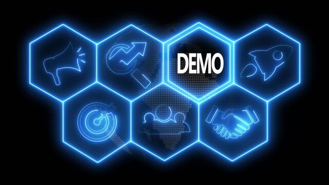 Neon line Business Demo concept animation on abstract technology background with rotating world map icon. 4k video