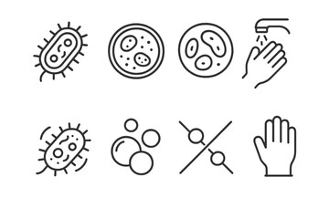 Bacteria prevention icons: hygiene, handwashing, disinfection, cleanliness
