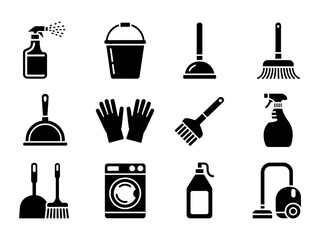 Black Cleaning Icons Set. Spray Bottle, Bucket, Plunger, Broom, Dustpan, Gloves, Brush, Washing Machine, Detergent, and Vacuum Cleaner, Household Chores and Cleaning Tools Vector Illustration