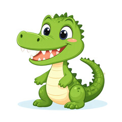 Naklejka premium Playful Cartoon Crocodile Character with Big Eyes Smiling Charming and Friendly Cartoon Reptile Animation Cute Green Baby Animal Illustration for Kids.