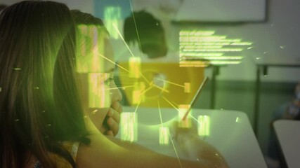 Girl whispering to classmate and guiding green network overlay across desks for focused learning - Powered by Adobe