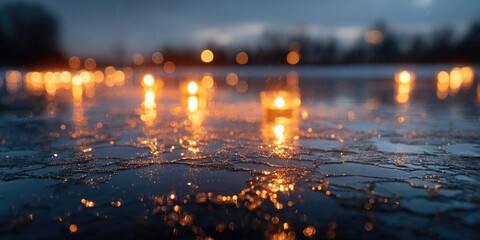 Glimmering candles on a frozen, dark surface, blurred background