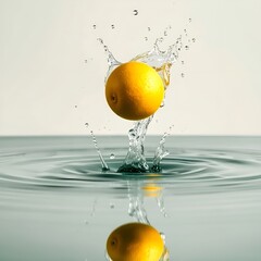 yellow lemon falling into water blurred background
