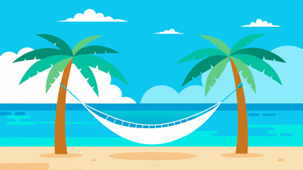 Illustration of a Serene Tropical Beach Background with Palm Trees and Ocean