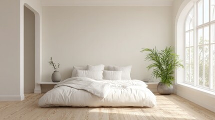 minimalist bright bedroom, white bed linens, soft natural light, beige walls, wooden floor, green indoor plant, calm and airy