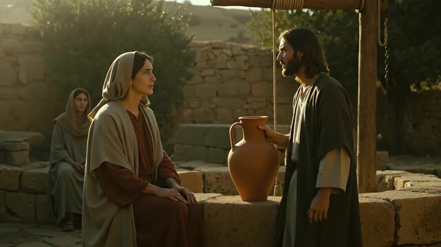 Man talking to woman at well in historical setting. Biblical story, ancient history and communication concept for banner. Jesus and Samaritan woman. Horizontal banner