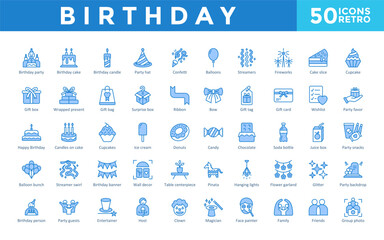 Birthday icons set with birthday party, birthday cake, birthday candle, party hat, confetti, balloons, streamers, fireworks, cake slice, cupcake icon. Simple retro vector 
