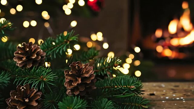 Pine cones on fir branch with blurred lights in background. Christmas, winter and nature concept for banner. Horizontal banner