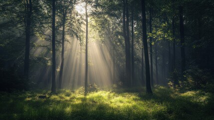 Sunbeams piercing a misty forest