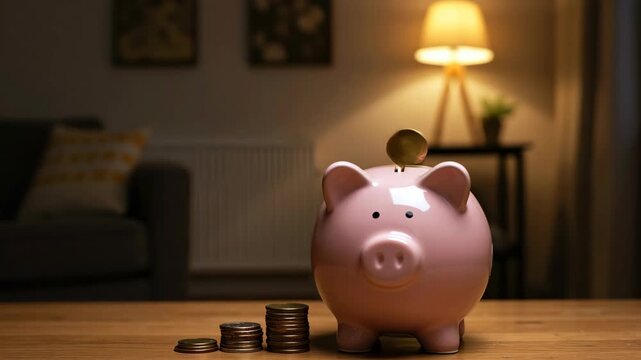 Coins falling into piggy bank on table in living room. Savings, investment and finance management concept for banner. Horizontal banner