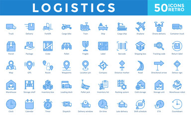 Logistics icons set with truck, delivery, forklift, cargo bike, train, ship, cargo ship, airplane, drone delivery, container truck icon. Simple retro vector 
