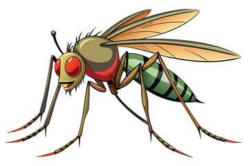 Cartoon Mosquito Insect Standing Sideways with Wings Showing Details and Unique Striped Pattern, Red Eyes, and Spiked Legs