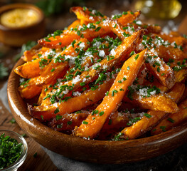 Golden sweet potato fries topped with coarse sea salt and fresh chives in a bowl