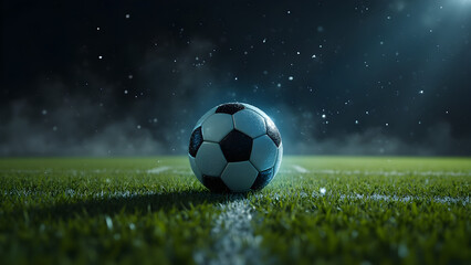 Naklejka premium Illuminated soccer ball trajectory in night matches. Visible light trail effects in sports. Ultra-realistic soccer visuals for nighttime play. Enhancing football experiences with light.