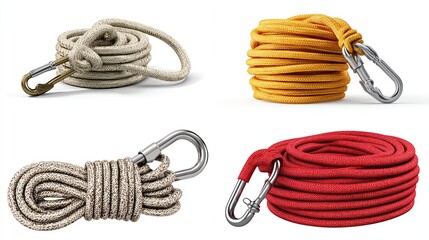 Four images showcasing coiled ropes in various colors with carabiner clips attached