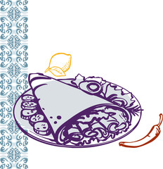 Gastronomic tour, Summer vibe. La Dolce Vita - an abstract composition in a modern style on the theme of travel, culinary vibe with text. Bright digital illustration for branding, printing, interiors.