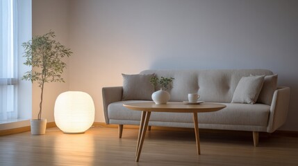 warm evening light in minimalist living room, soft shadows, glowing floor lamp, beige sofa, wooden table, quiet cozy mood, clean design 