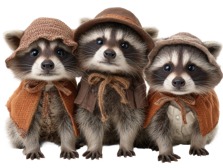 Cute raccoons dressed in costumes studio animal portrait fun close-up. Isolated on transparent background, png.