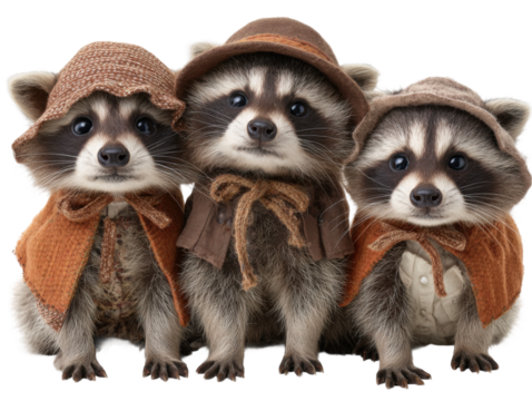 Cute raccoons dressed in costumes studio animal portrait fun close-up. Isolated on transparent background, png.