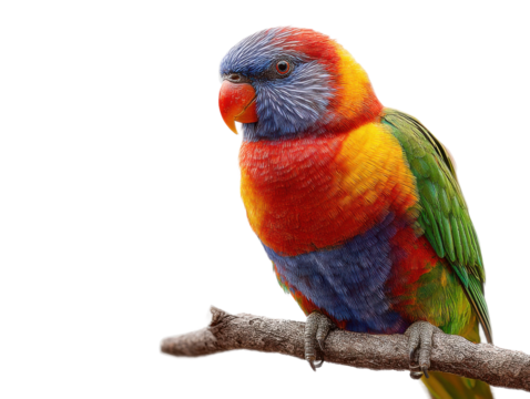 Colorful parrot perched on branch nature scene close-up view. Isolated on transparent background, png.