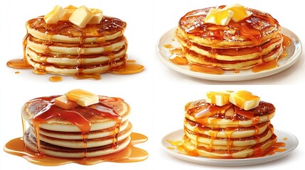 Delicious stacks of golden pancakes, drizzled with syrup and topped with melting butter