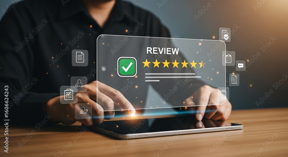 Poster person interacting with a digital review interface on a tablet with icons surrounding the screen