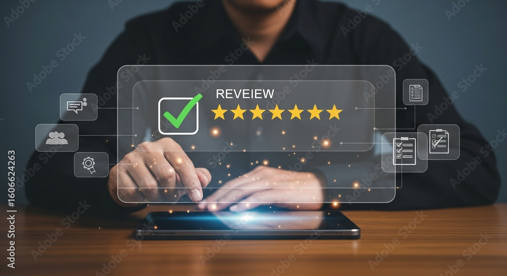 Poster person interacting with a digital review interface on a tablet with stars and checkmark icons