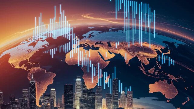 Digital World Map Glowing Cityscape and Data Graphs Show Global Connectivity and Technology with Sunset Skyline
