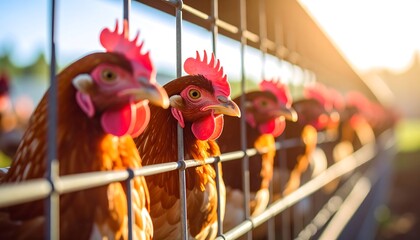 Chickens behind a wire fence in sunlight