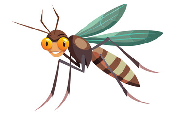 Cartoon Mosquito Character Illustration with Green Wings and Striped Abdomen, Isolated on White Background, Playful and Detailed