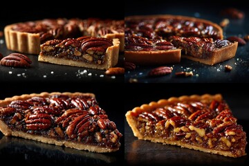 Exquisite desserts Four images of a pecan pie with a golden crust, caramel filling, and rich nut topping