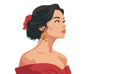 A digital illustration of a woman's profile. The style is vector art, with flat colors and clean lines. The woman has dark hair styled in an updo with a red flower accent, and wears gold earrings