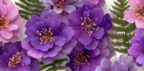 Cluster of layered purple and pink tropical flowers with green fern leaves on a white background in digital botanical artwork Generative AI