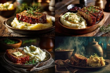 Four appetizing meatloaf dishes served with creamy mashed potatoes and garnishes
