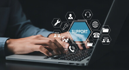 Person typing on laptop with support graphic overlay showing tools and contact methods for assistance
