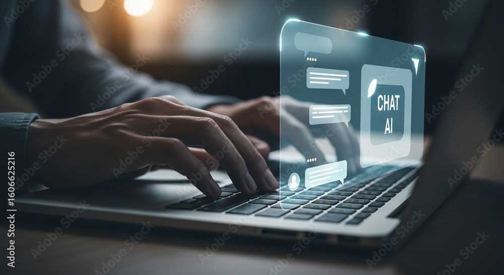 Poster person typing on a laptop with a chat ai interface overlayed on the screen in a dim setting